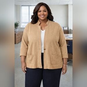 Talbots Plus Sweater Jacket Cardigan Camel Brown Lambs Wool Blend Size 2X